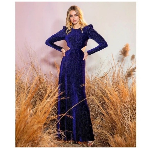 PatBO Textured Velvet Cutout Gown In Deep Purple Long Sleeve Gothic Size 0 - Picture 5 of 14